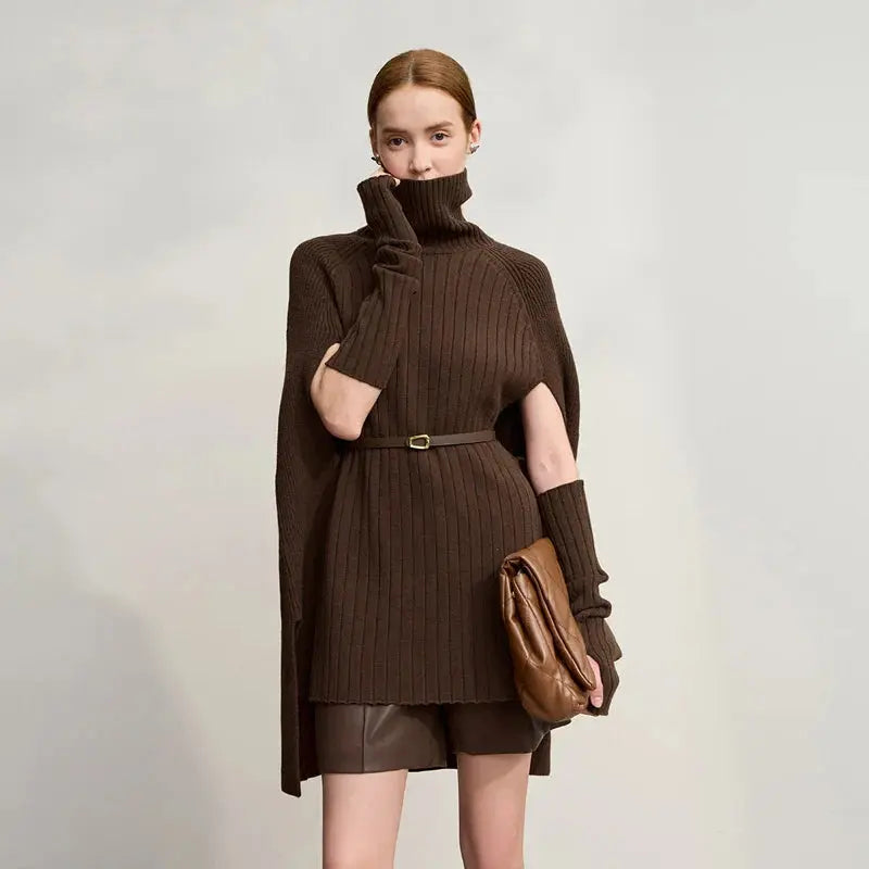 Chic Turtleneck Knit Sweater Cape | Solid Winter Pullover