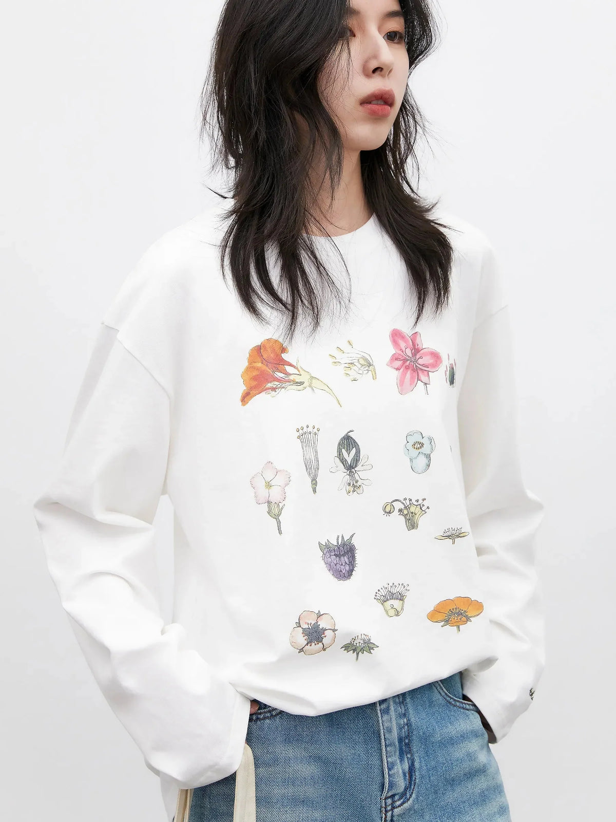 Floral & Fruit Print Long Sleeve T-Shirt Cotton Tee