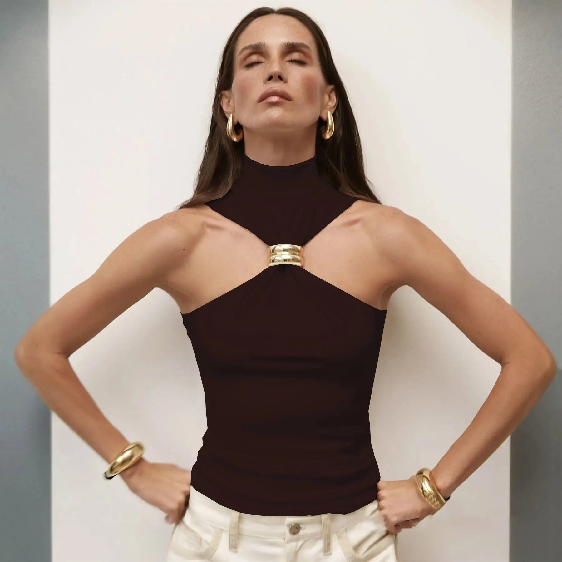 Sleeveless Knit Turtleneck Top with Metal Ring