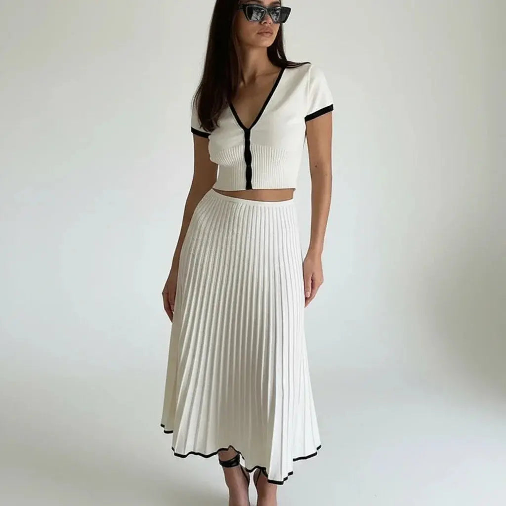 Elegant White Crop Top & Pleated Skirt Set