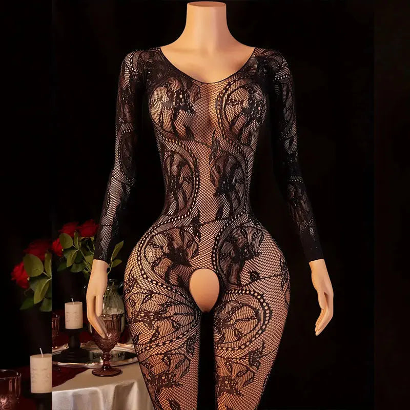 Sexy Body Lingerie Bodysuit Hanging Neck Bodystockings Erotic Crotchless Women Fishnet Hollow Open Bra Underwear Black Stockings