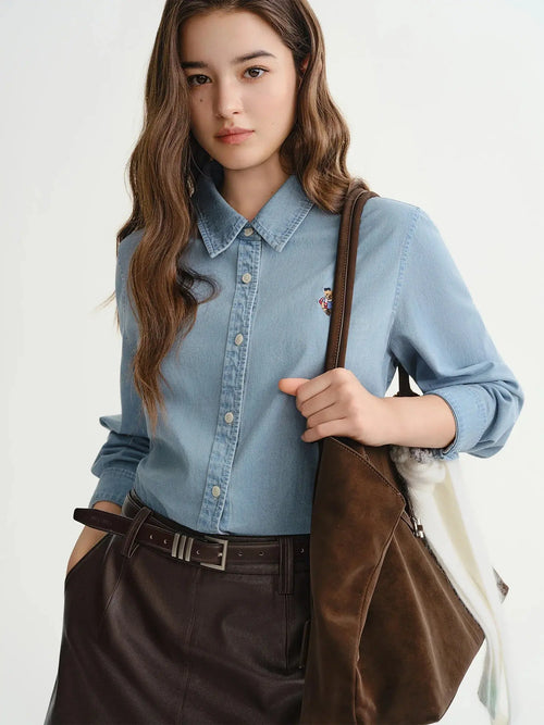 American Retro Bear-Embroidered Denim Shirt (Plus Size)