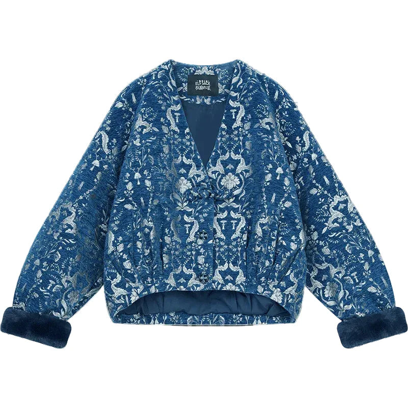 Women’s Retro Gothic Winter Coat Blue Silver Embroidery