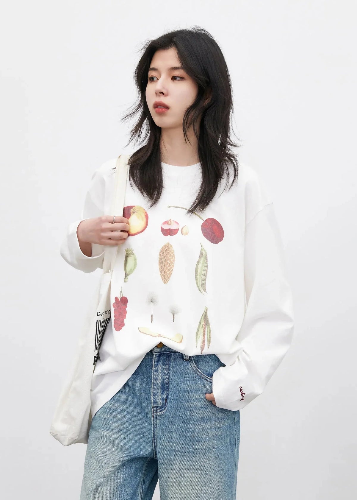 Floral & Fruit Print Long Sleeve T-Shirt Cotton Tee