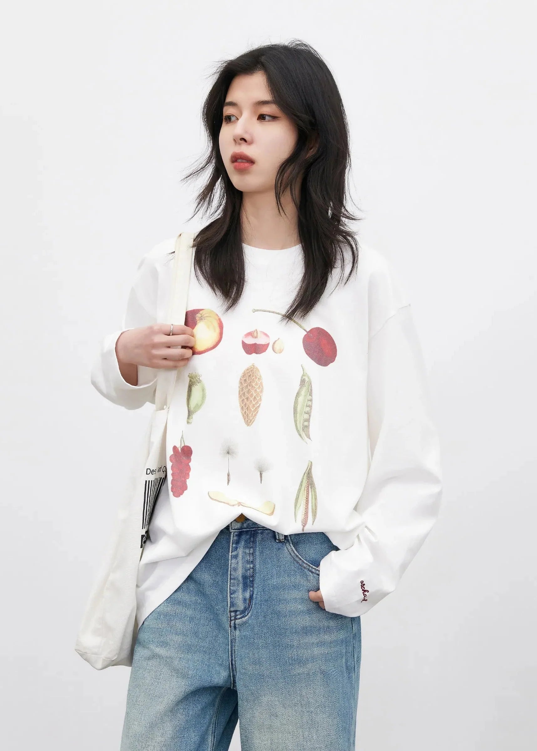 Floral & Fruit Print Long Sleeve T-Shirt Cotton Tee