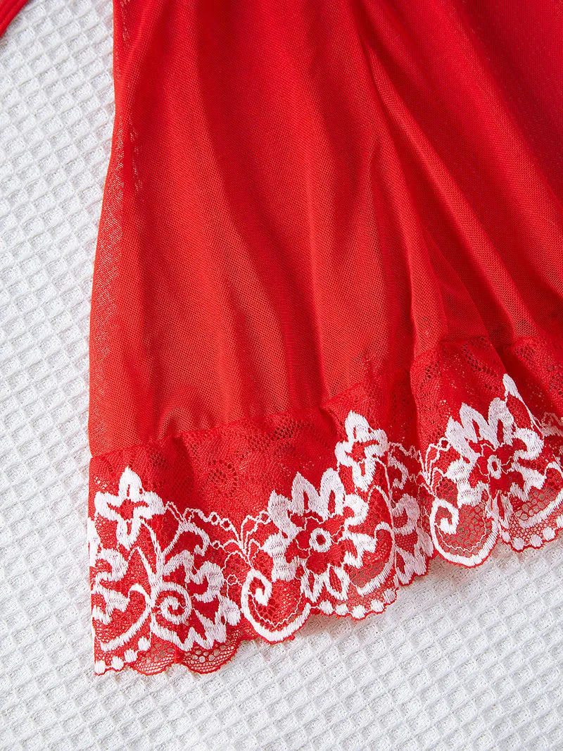 Transparent Thin Style G-string Lace Ruffle Trim Lingerie Set Women Nightgowns Sleeveless Sleepwear Sexy V-Neck Bra Panty Sets