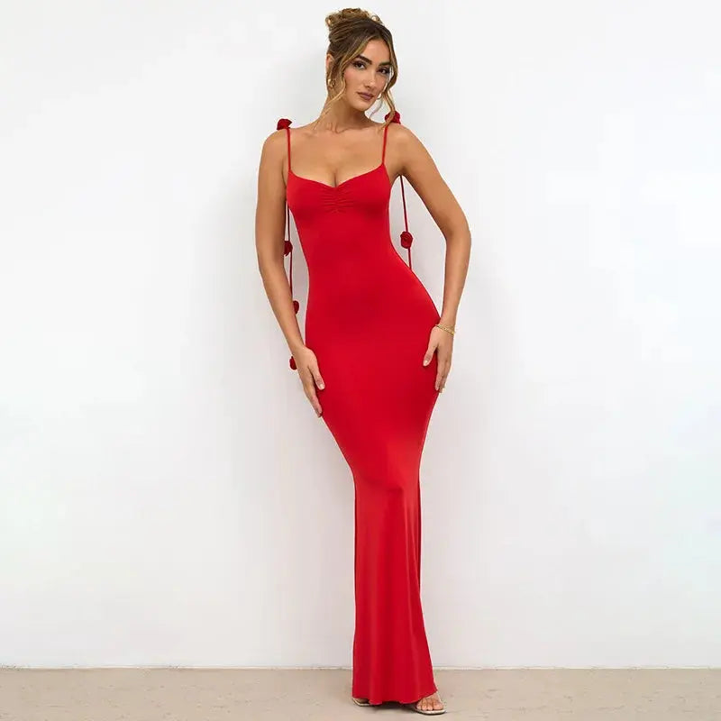 Sleeveless Neck-Wrap Evening Party Dress with Floral Strap Accents
