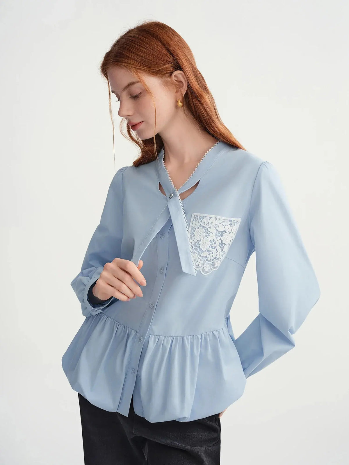 Women's Plus-Size Relaxed Winter Shirt with Lace Collar & Patch Pocket