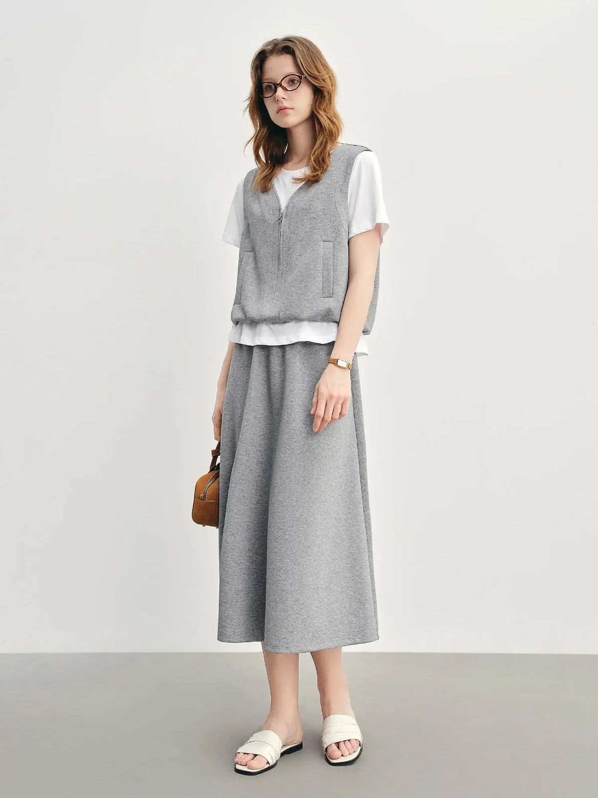 Simple Gray Short-Sleeve Faux Two-Piece Skirt Suit