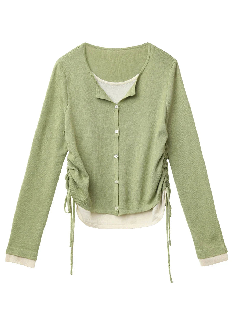Slim Fit O-Neck Sweater Drawstring Waist Knit Jumper