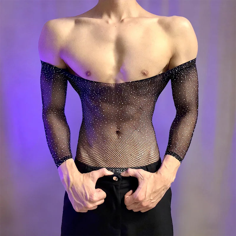 New American Style Fashion Men Vests Tops Crew Neck Sexy Hollow  Mesh Bodysuit Casual  Long Sleeve Tank Clubwear Party Costume