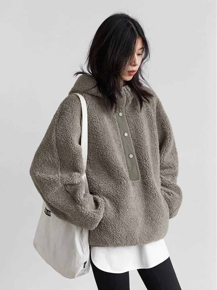 Hooded Granular Fleece Jacket Loose Casual Short Coat