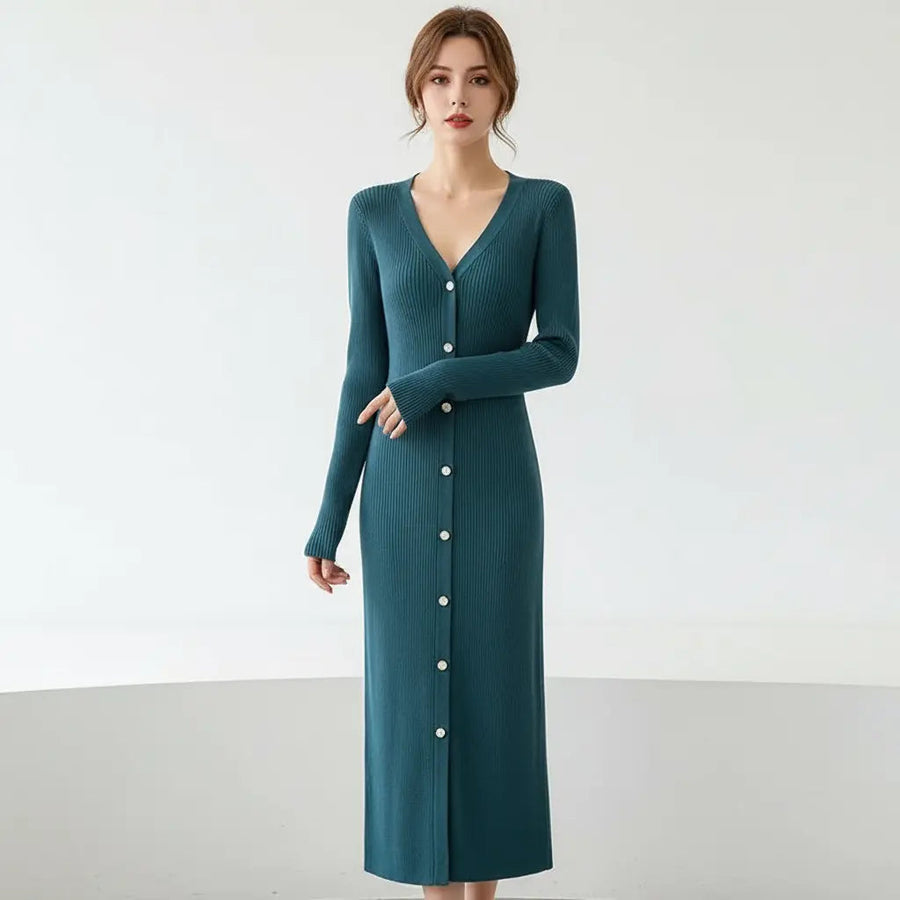 Slim-Fit V-Neck Sweater Dress