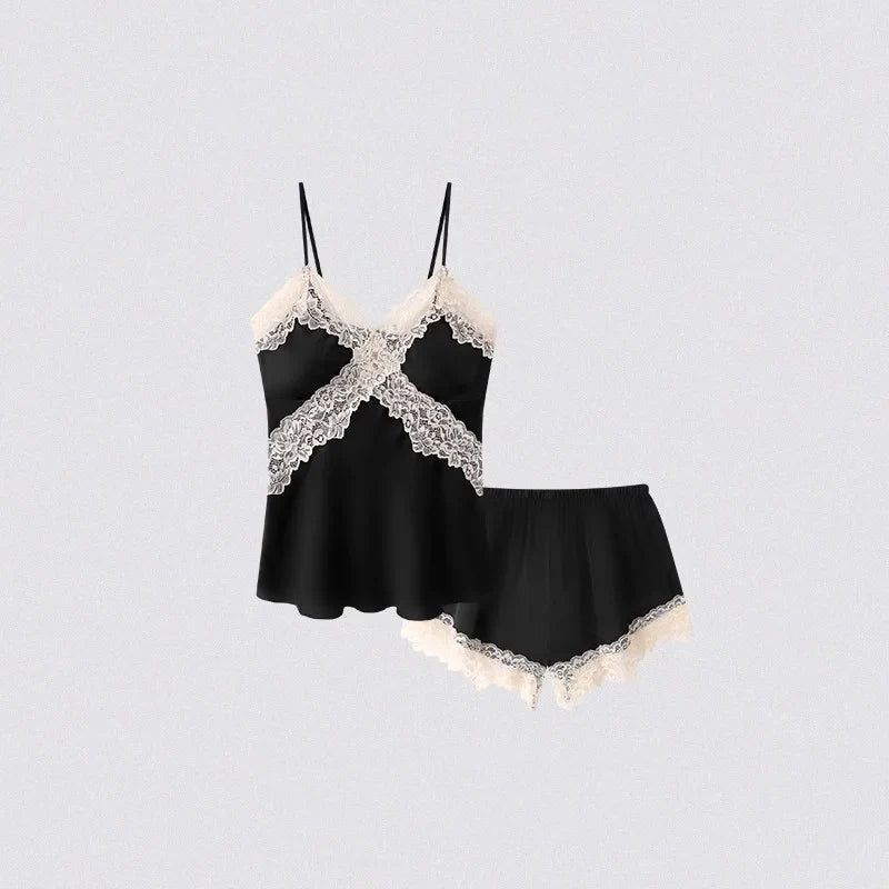 Womens Sexy Satin Pajama Set Lace Trim Cami Top Shorts Lingerie Sleepwear Silky Black Cream V Neck Spaghetti Strap Two Piece