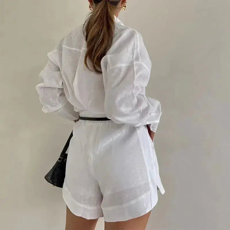 Cotton Linen Shirt & High-Waist Shorts Set