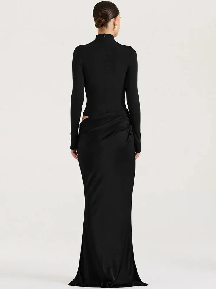 Elegant Patchwork Satin Evening Dress with Turtleneck & Zipper