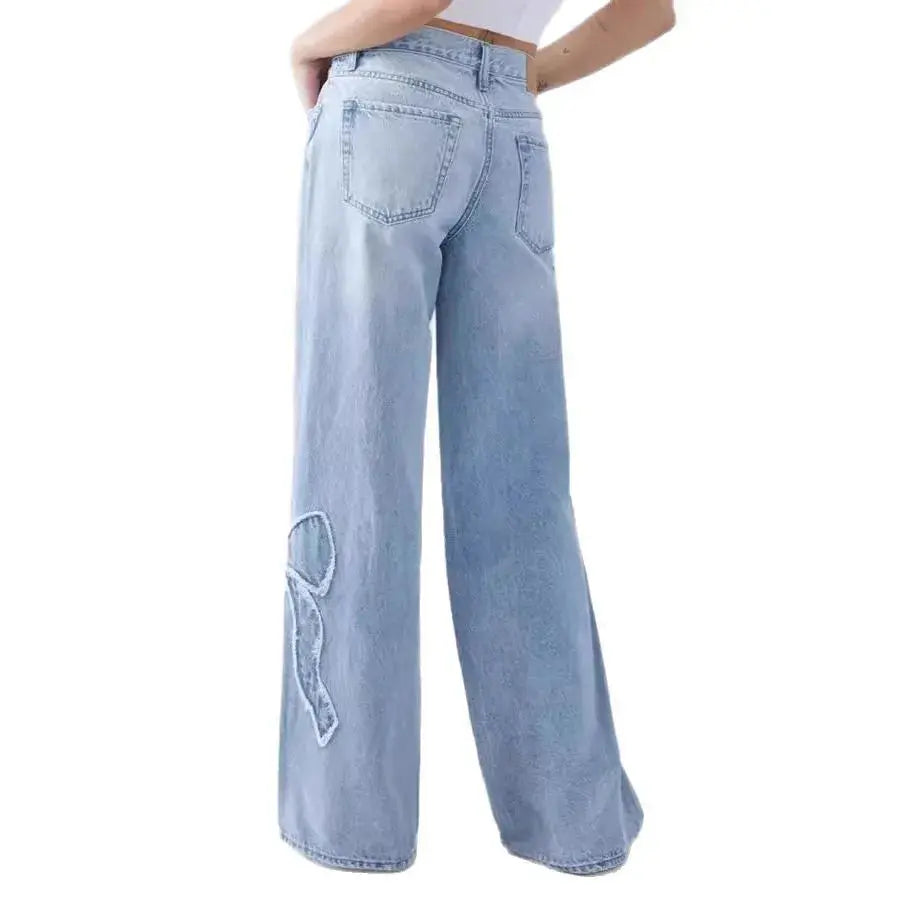 Vintage Wide-Leg Denim with Bow Embroidery