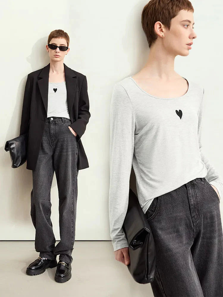 U-Neck Contrast Print Tee Long Sleeve Cotton Basic