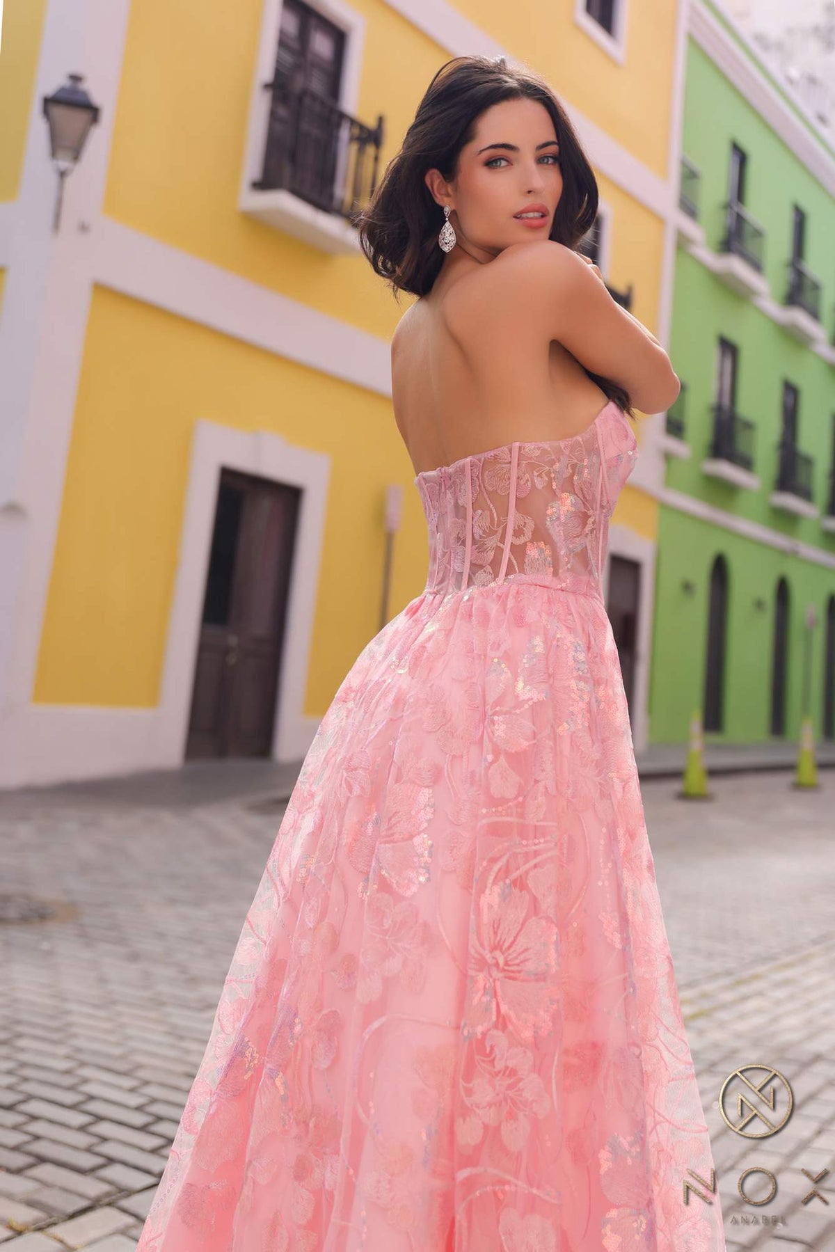 Nox Anabel T1332 Bell of the Ball Strapless A-Line Sequin Floral Dress
