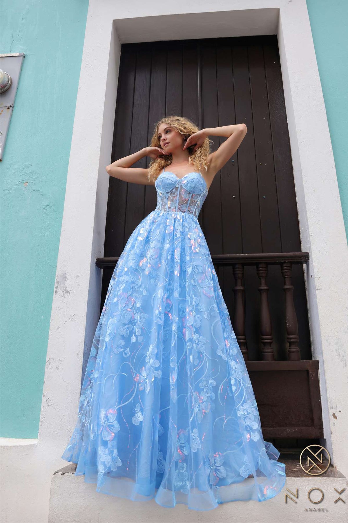 Nox Anabel T1332 Bell of the Ball Strapless A-Line Sequin Floral Dress