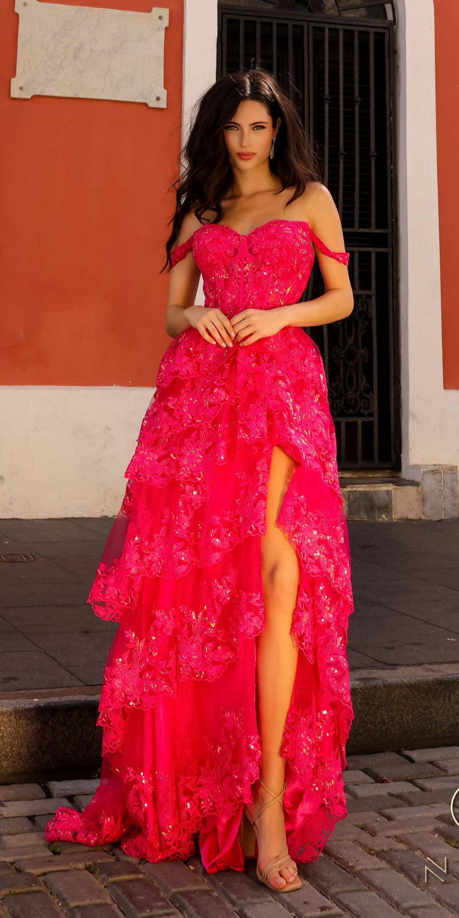 Nox Anabel T1335 Long A-Line Tiered Skirt Lace Applique Sweetheart Dress