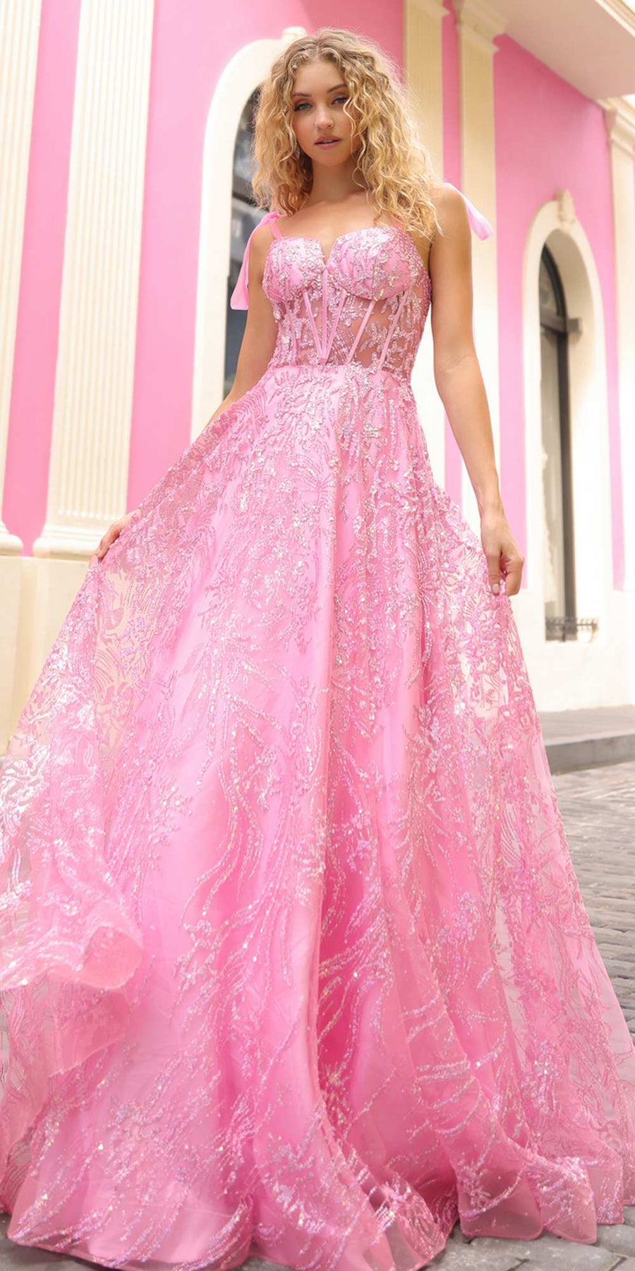 Nox Anabel T1336 Long A-Line Glitter Sequin Applique Corset Ball Gown