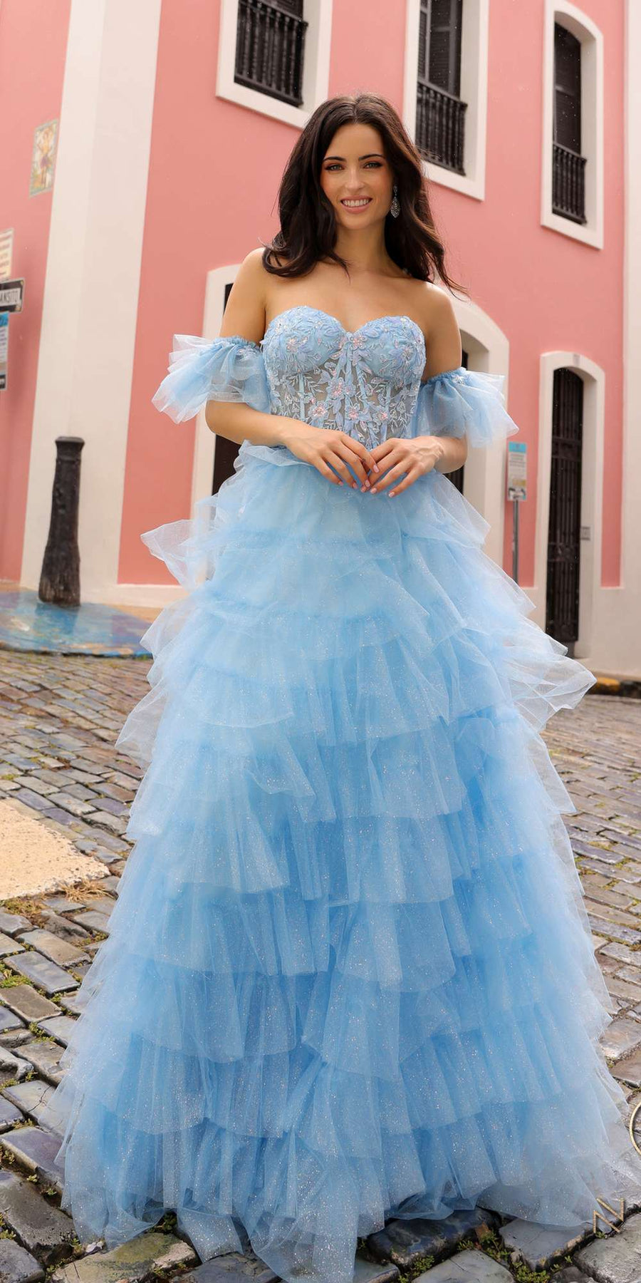 Nox Anabel T1338 Long Ruffled Tiered Skirt A-Line Ball Gown Arm Cuffs