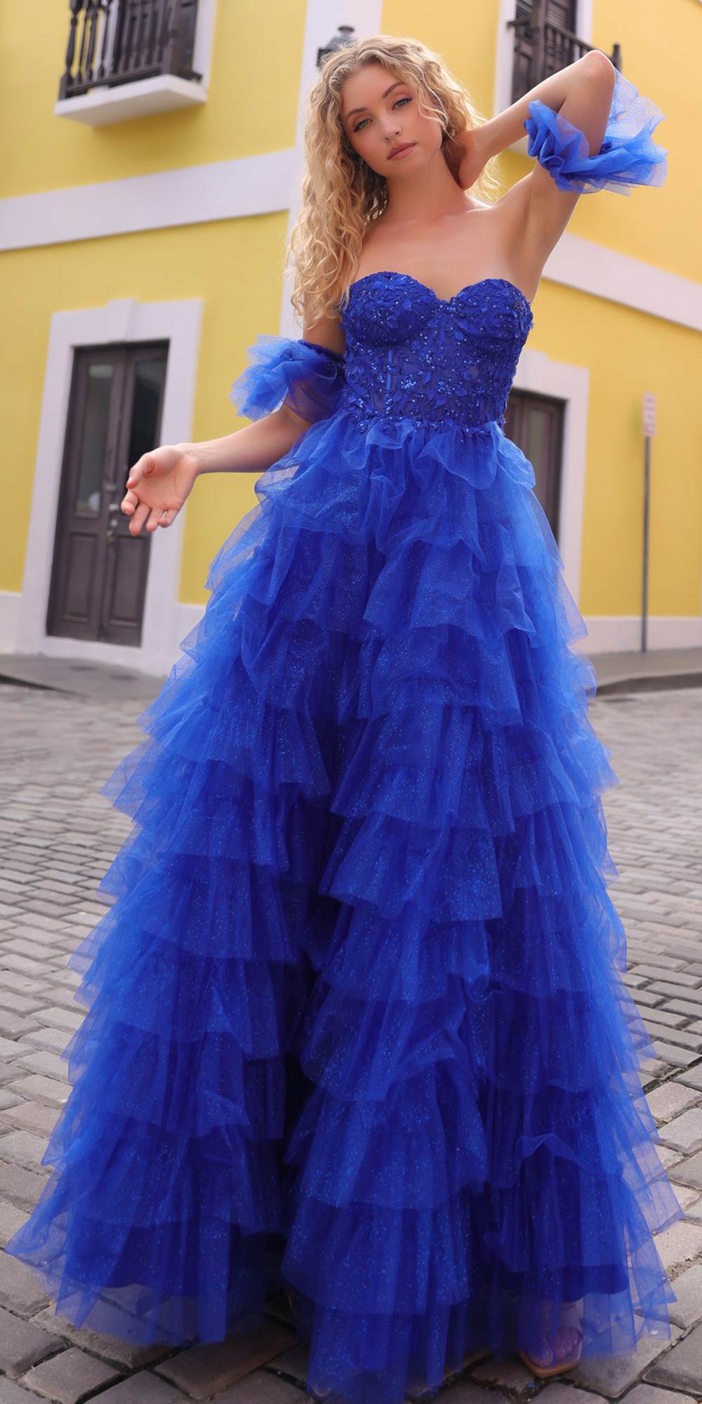 Nox Anabel T1338 Long Ruffled Tiered Skirt A-Line Ball Gown Arm Cuffs