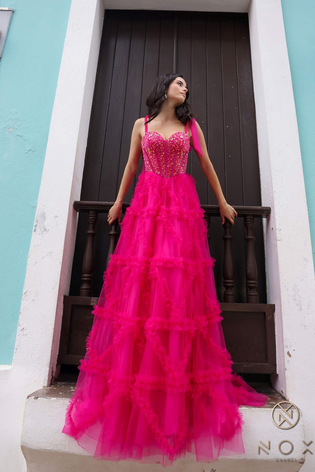 Nox Anabel T1340 Long Ruffled Skirt Boned Bustier Ribbon Strap A-Line Gown