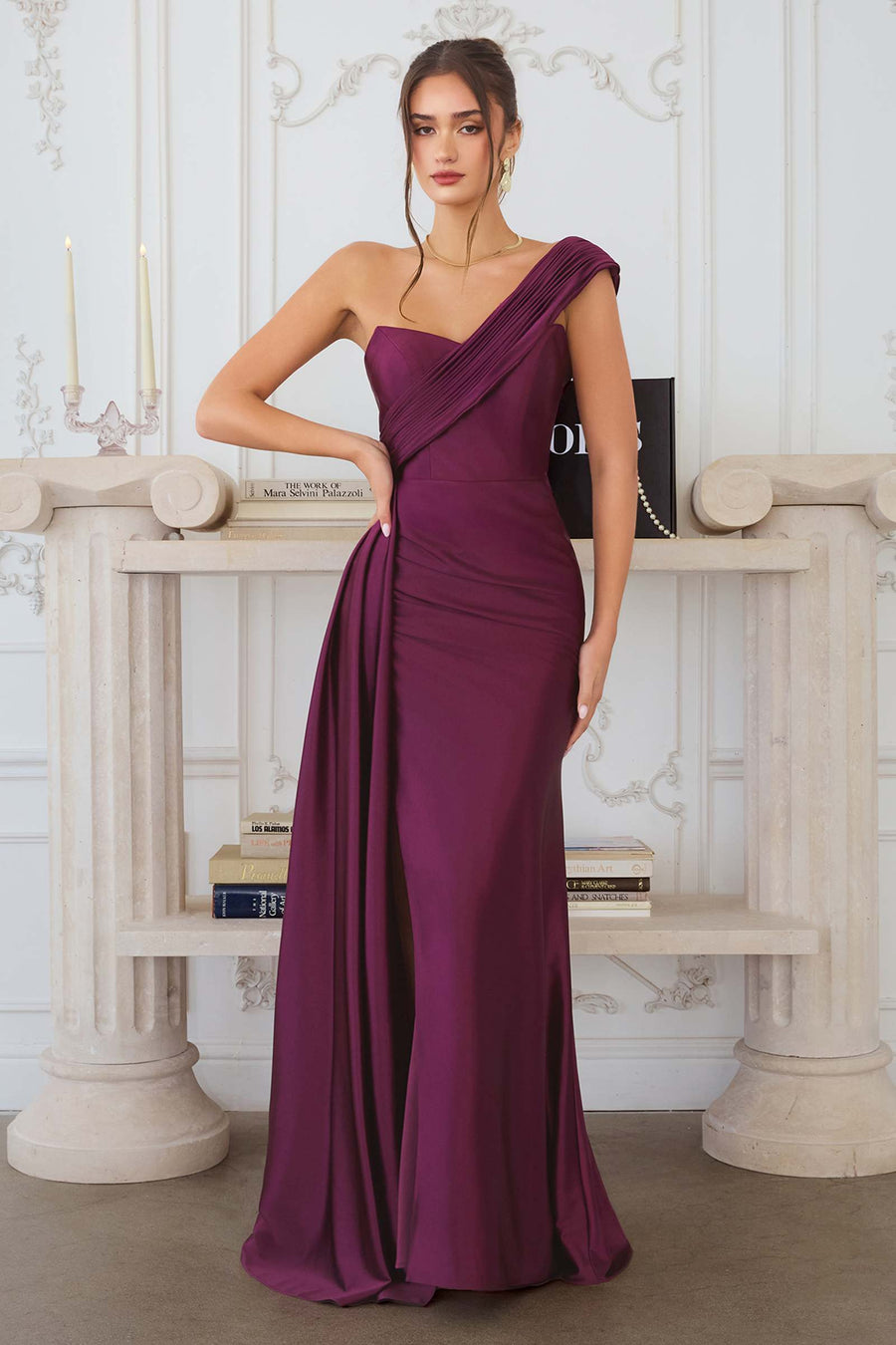 Amoris T817 Long One Shoulder Fitted Evening Dress Side Sash