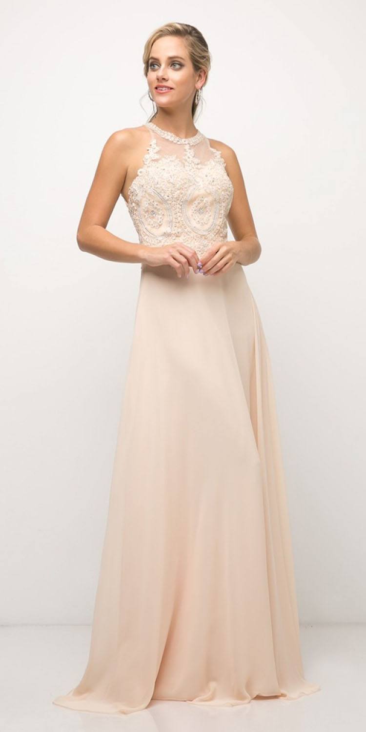 Cinderella Divine UJ0120 A-Line Chiffon Dress Halter Lace Applique Bodice