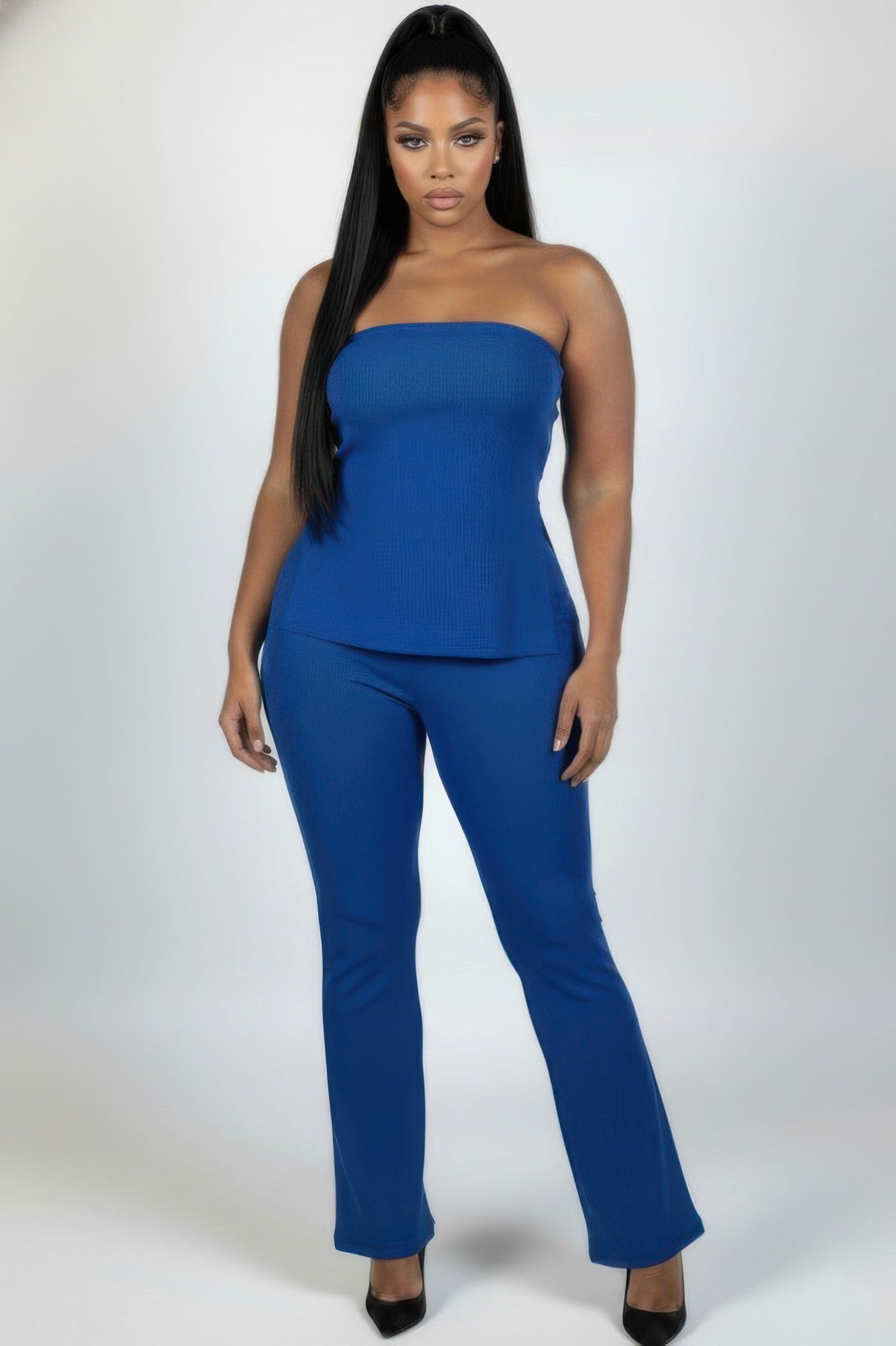 Ultra-fine Ribbed Slit Tube Top & High-waist Flare Pants Set