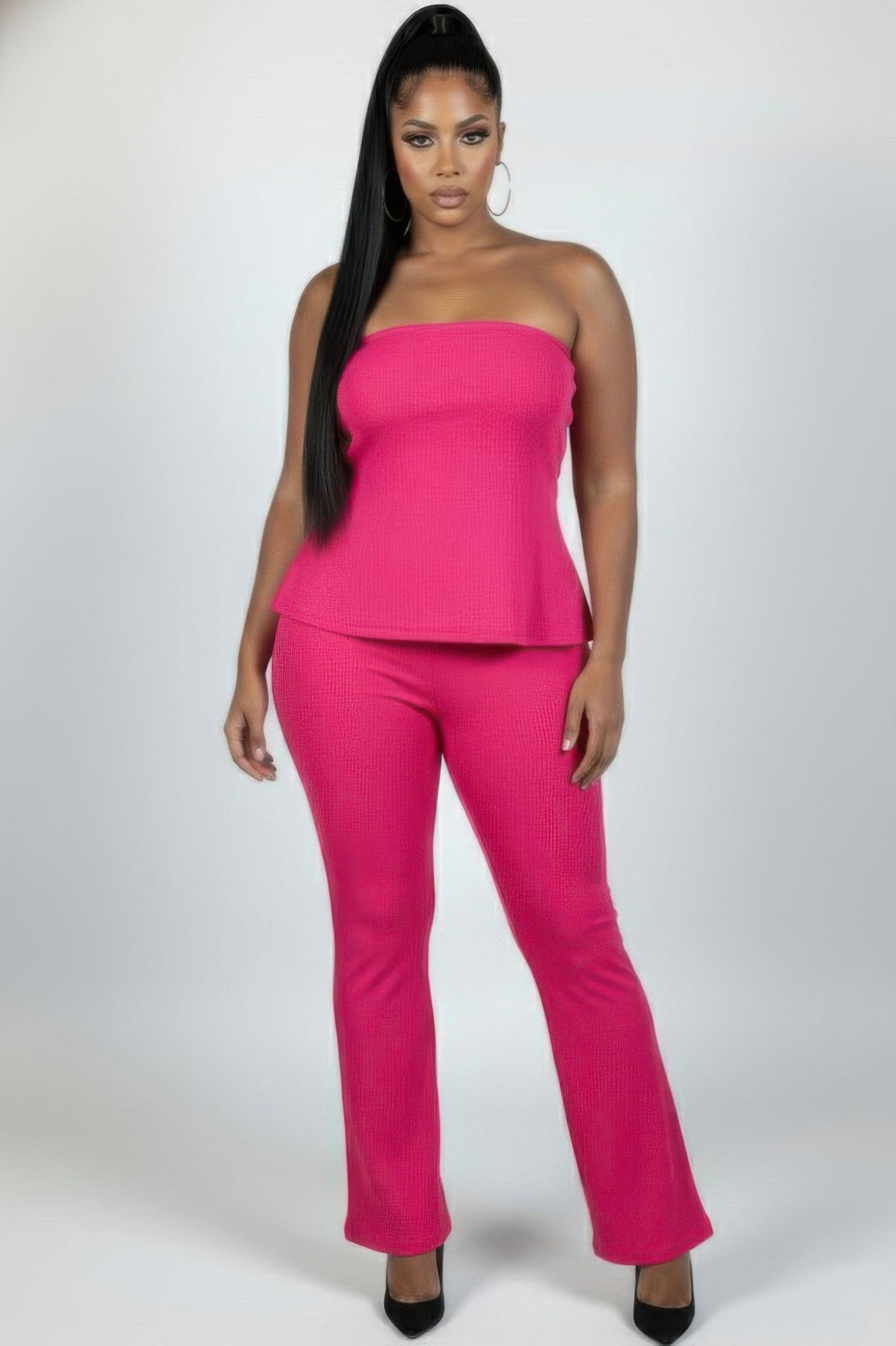 Ultra-fine Ribbed Slit Tube Top & High-waist Flare Pants Set
