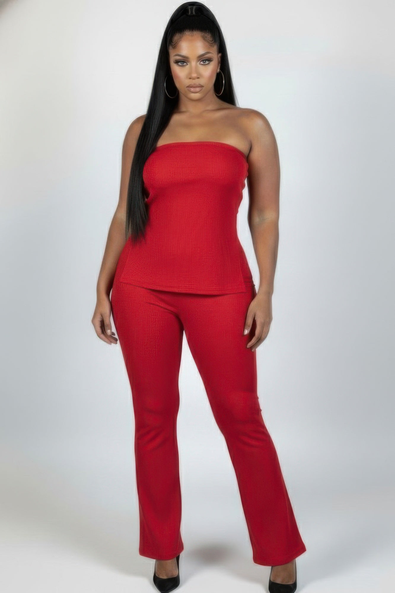 Ultra-fine Ribbed Slit Tube Top & High-waist Flare Pants Set