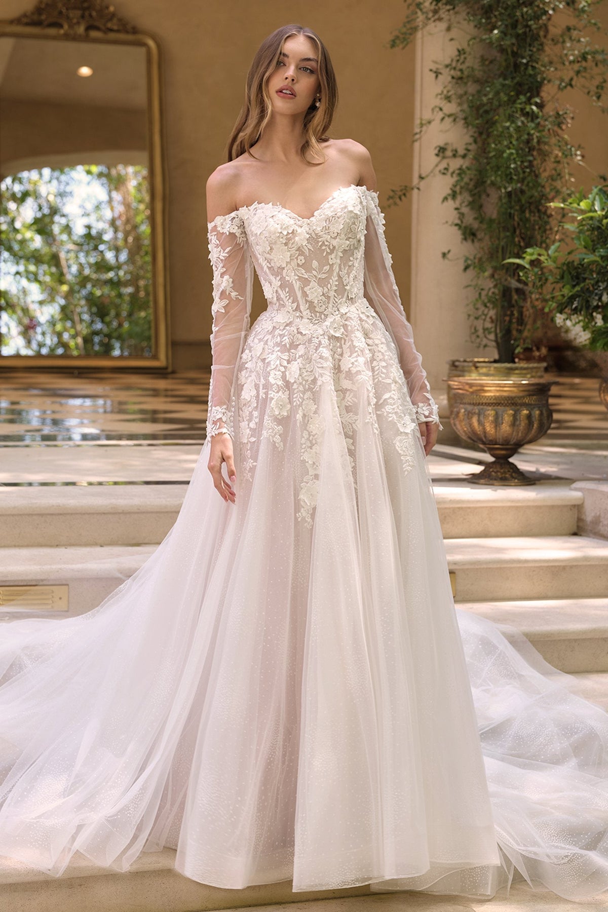 Andrea & Leo WL067 Off the Shoulder Sheer Illusion Sleeves Wedding Ball Gown
