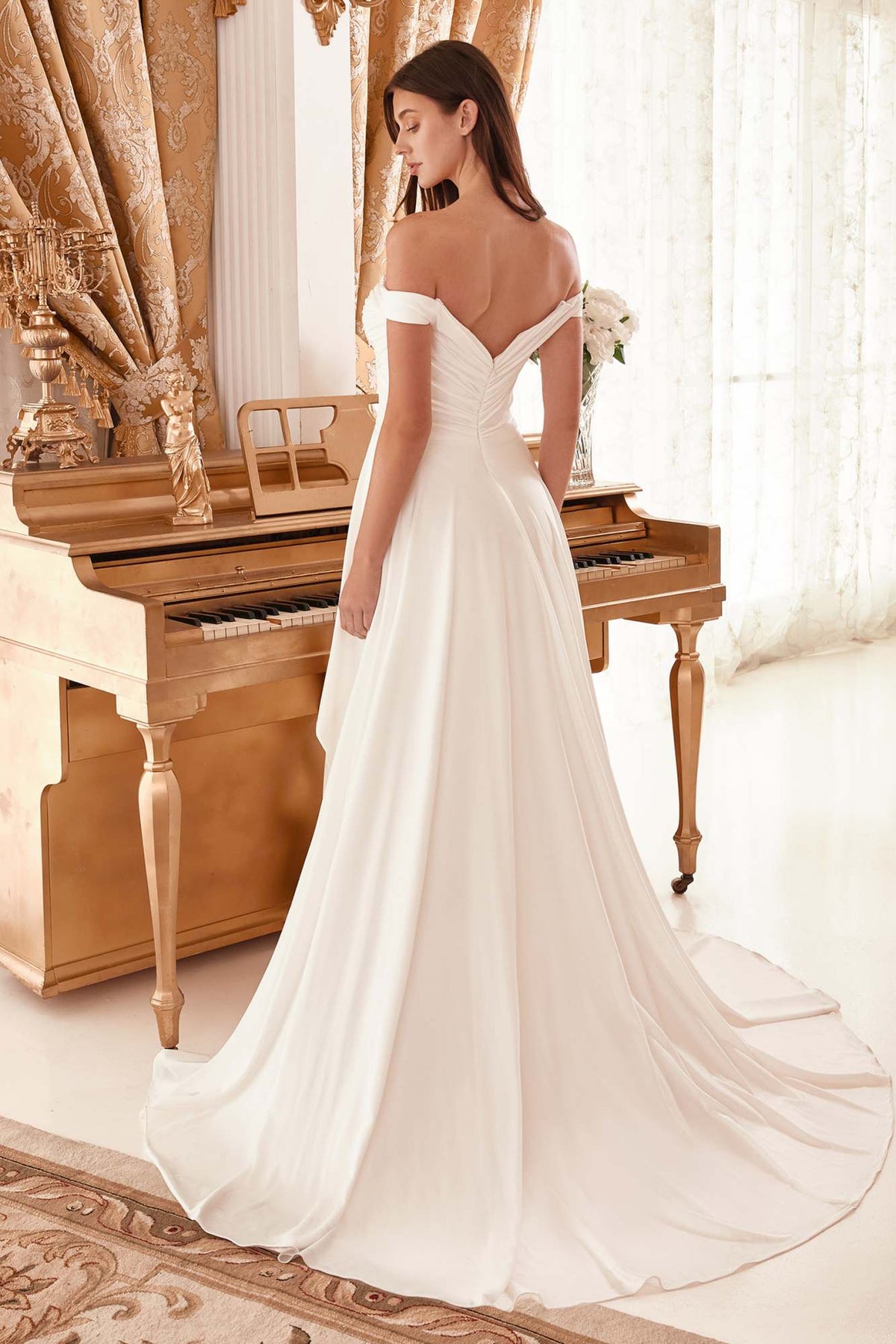 Ladivine WN315 Long Draped Off The Shoulder Bridal Gown With Overskirt