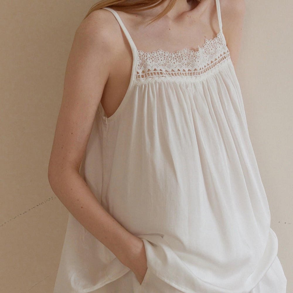Amie Lace Collar Satin Lightweight Pajama Set / White