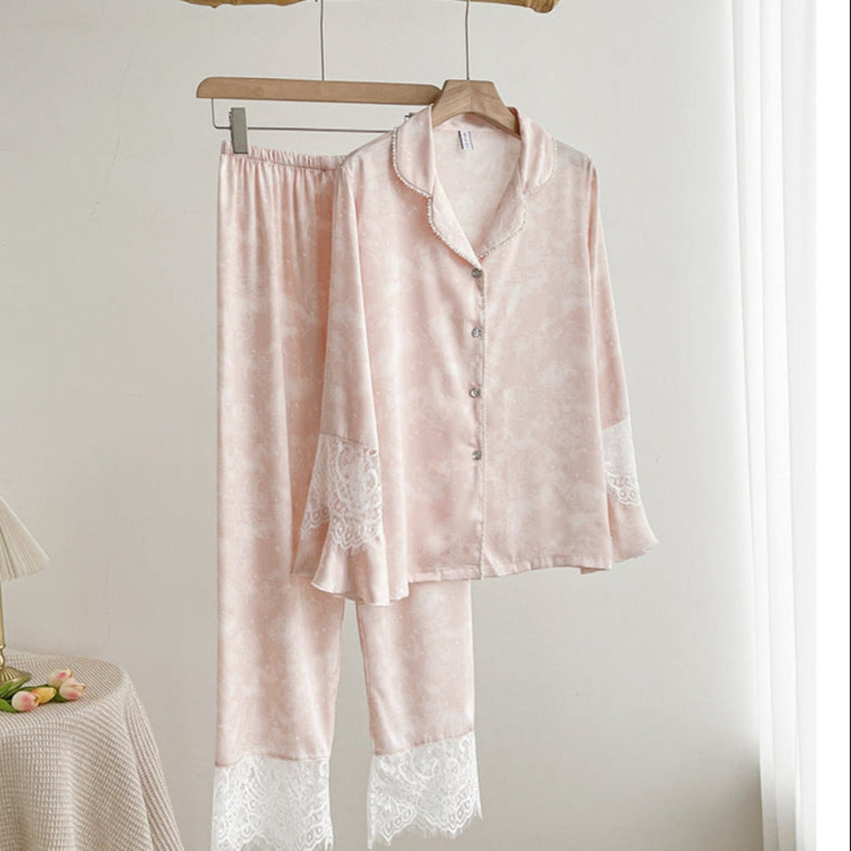 Celeste Silky Luxury Lace Pajama Set / Blue
