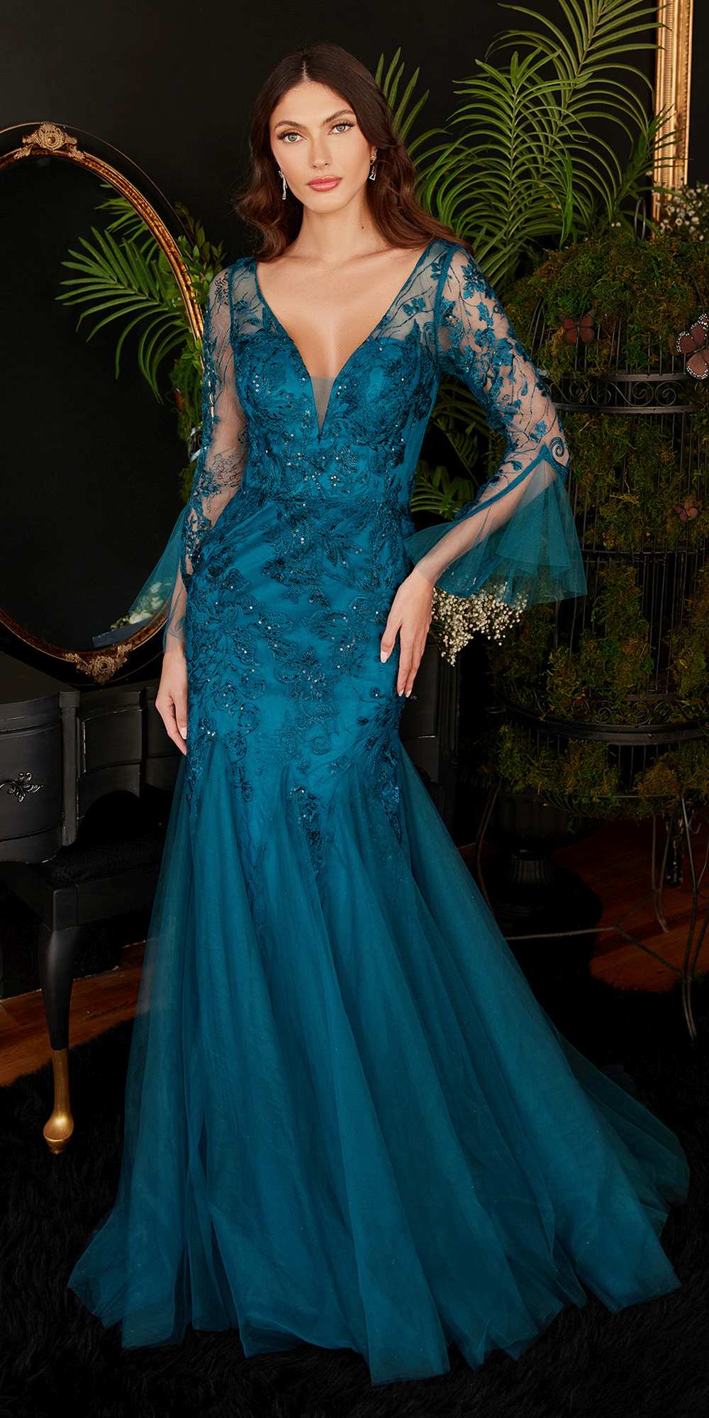 Ladivine CM327 Floor Length Mermaid Gown with Bell Sleeves