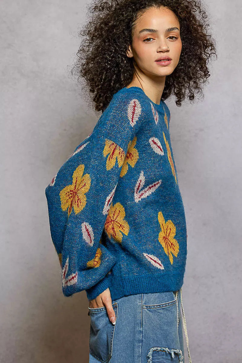 POL Floral Pattern Round Neck Balloon-Sleeve Sweater