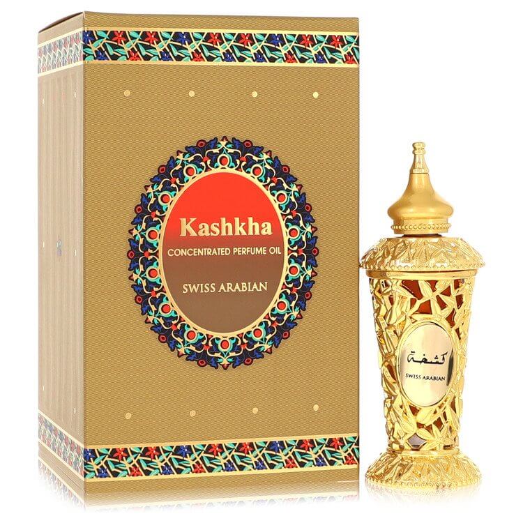 Swiss Arabian Kashkha by Swiss Arabian Concentrated Perfume Oil (Unisex) 0.6 oz for Men with decorative packaging.