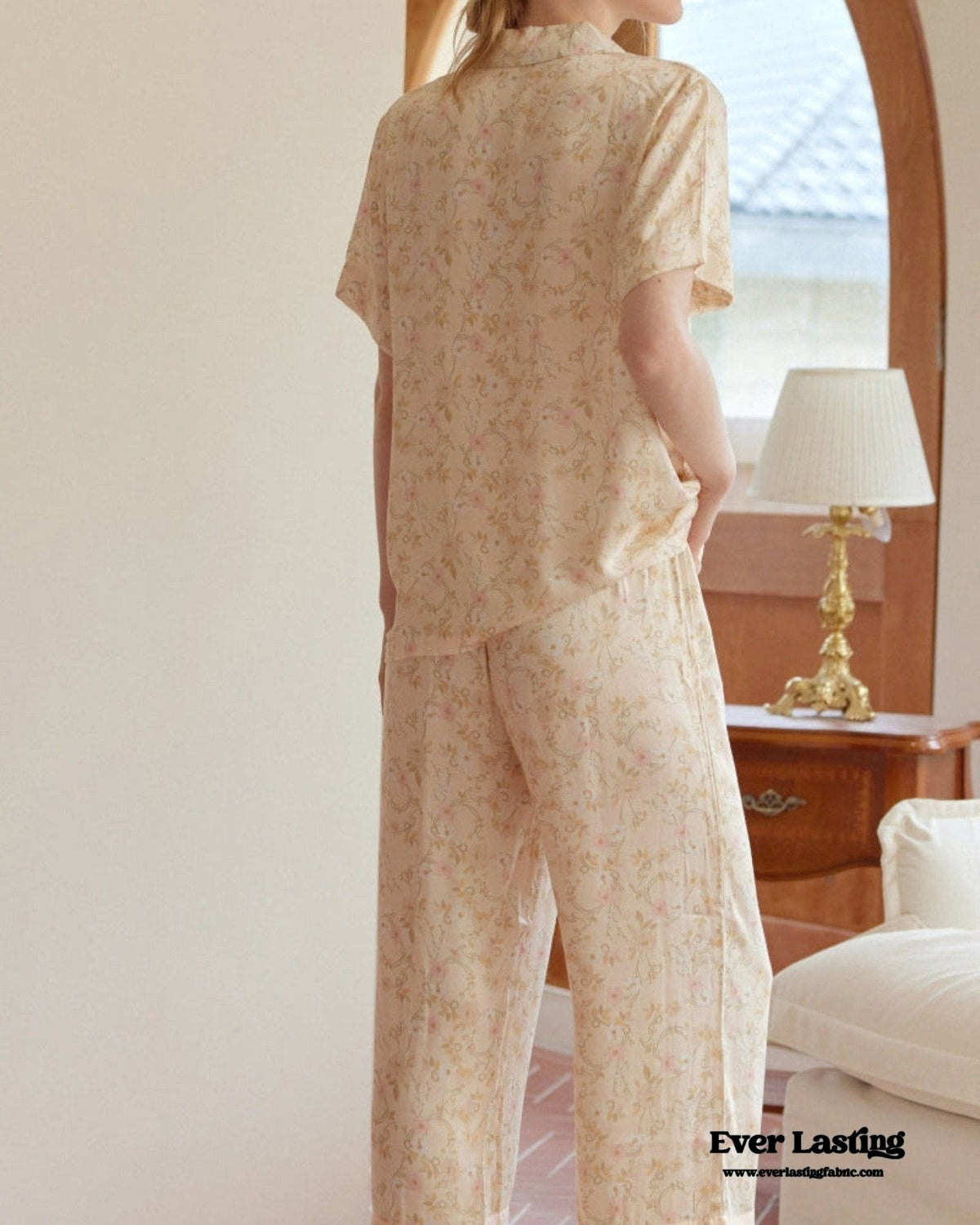 Pastoral Floral Short-Sleeve Long-Pants Pajama Set / Green