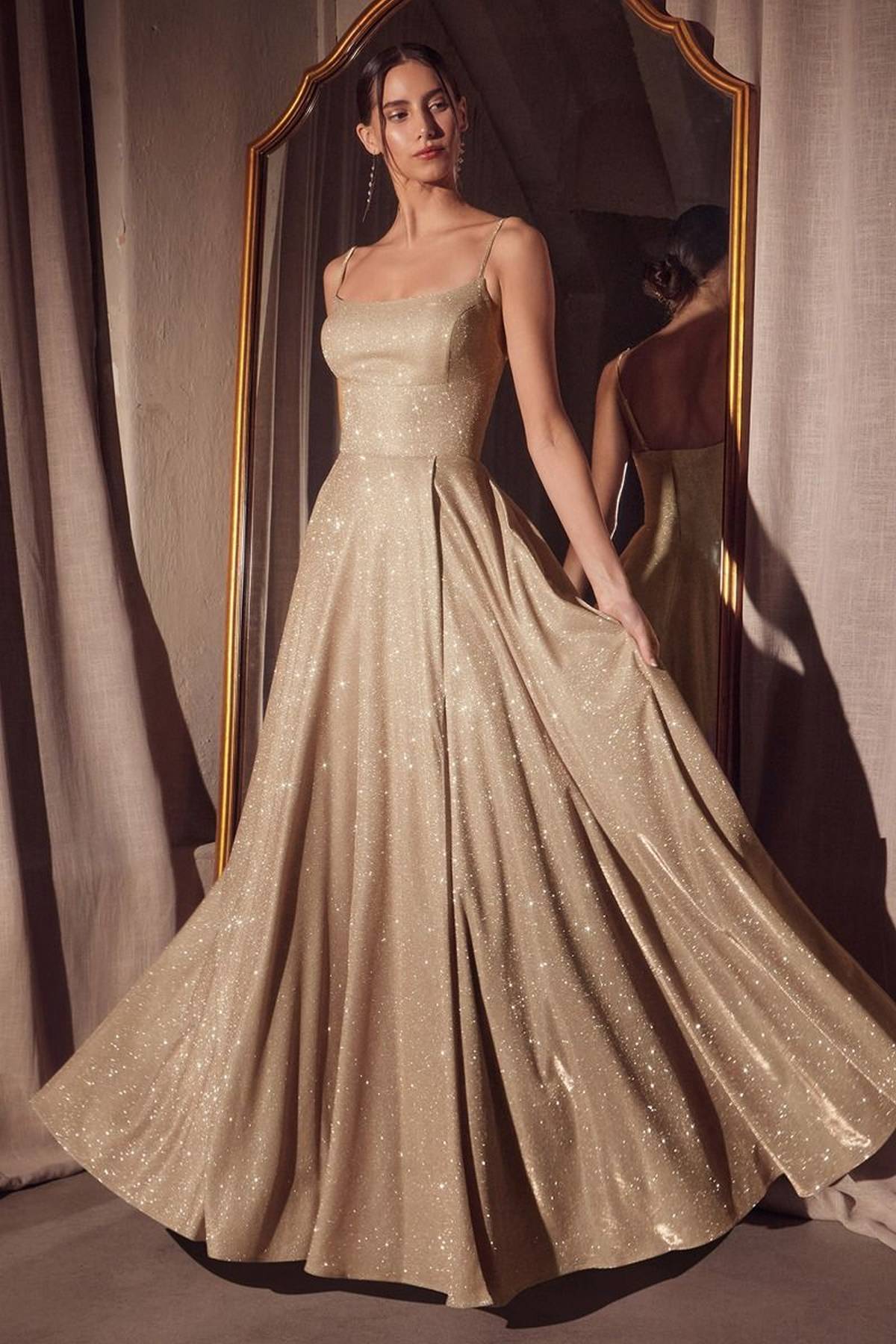 Ladivine Amoris T213 Sleeveless Spaghetti Strap A-Line Glitter Gown