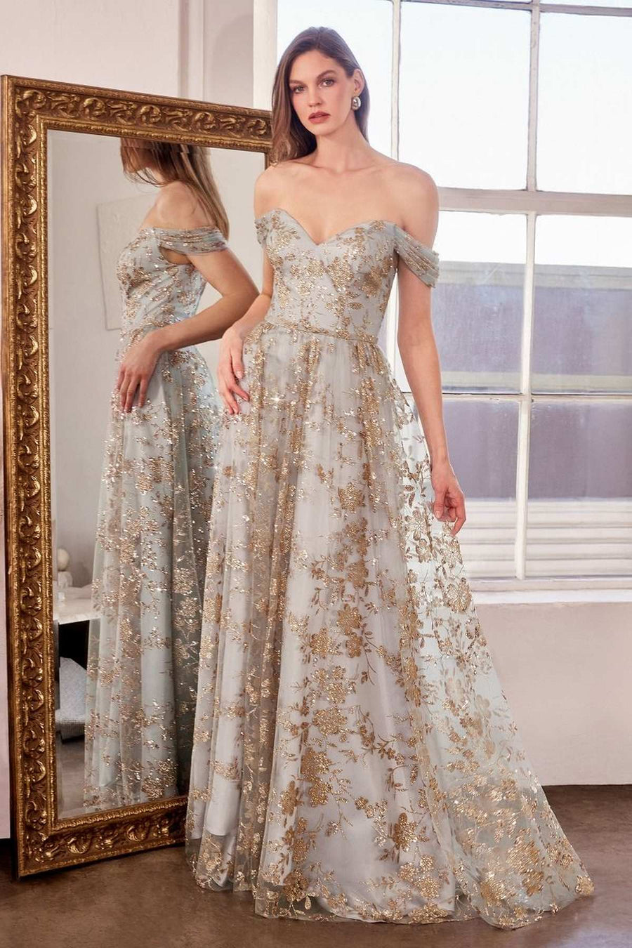 Ladivine Amoris T607 Glitter Print Off the Shoulder A-Line Prom Gown
