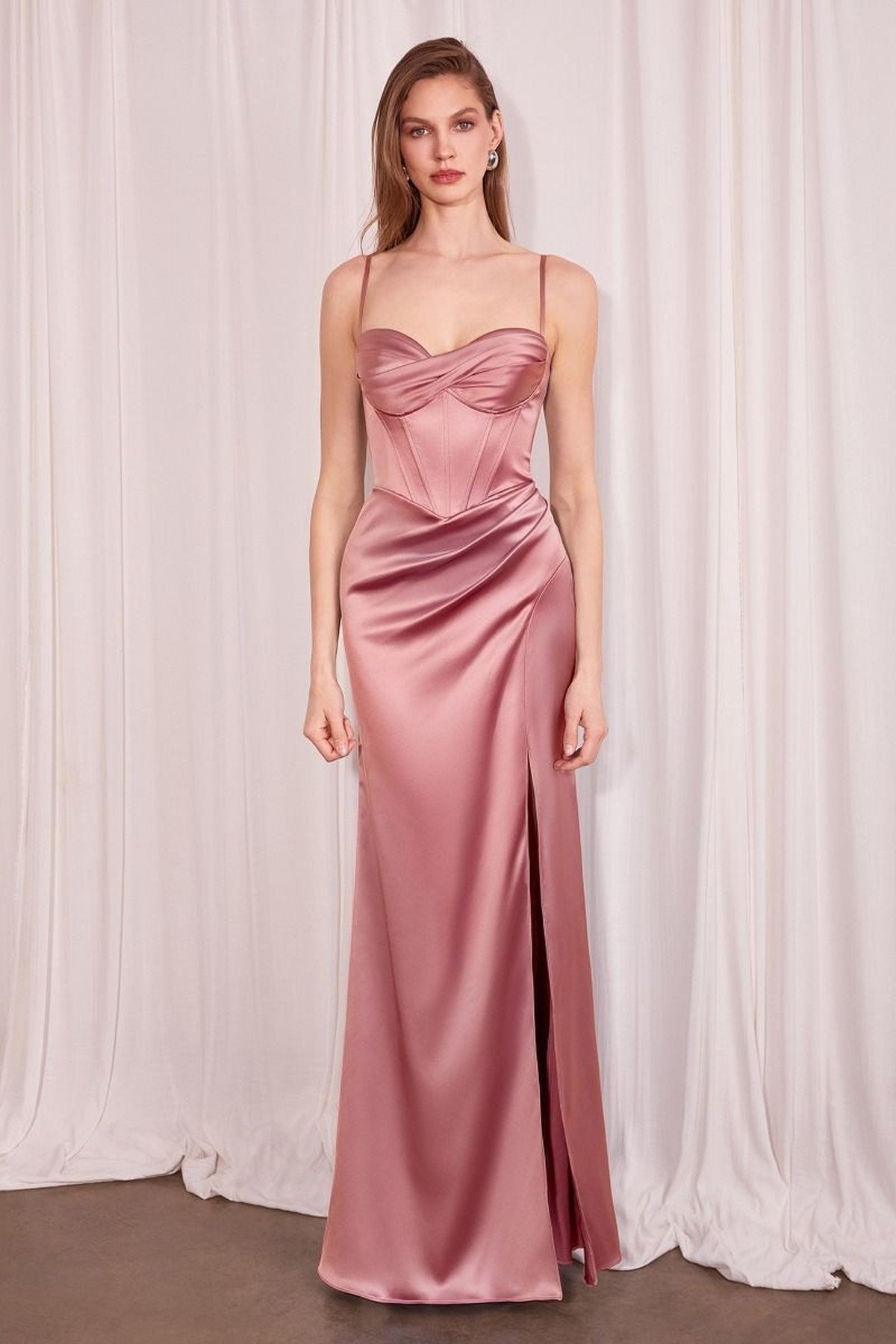 Ladivine Amoris T608 Long Fitted Satin Prom Gown Corset Bodice Slit
