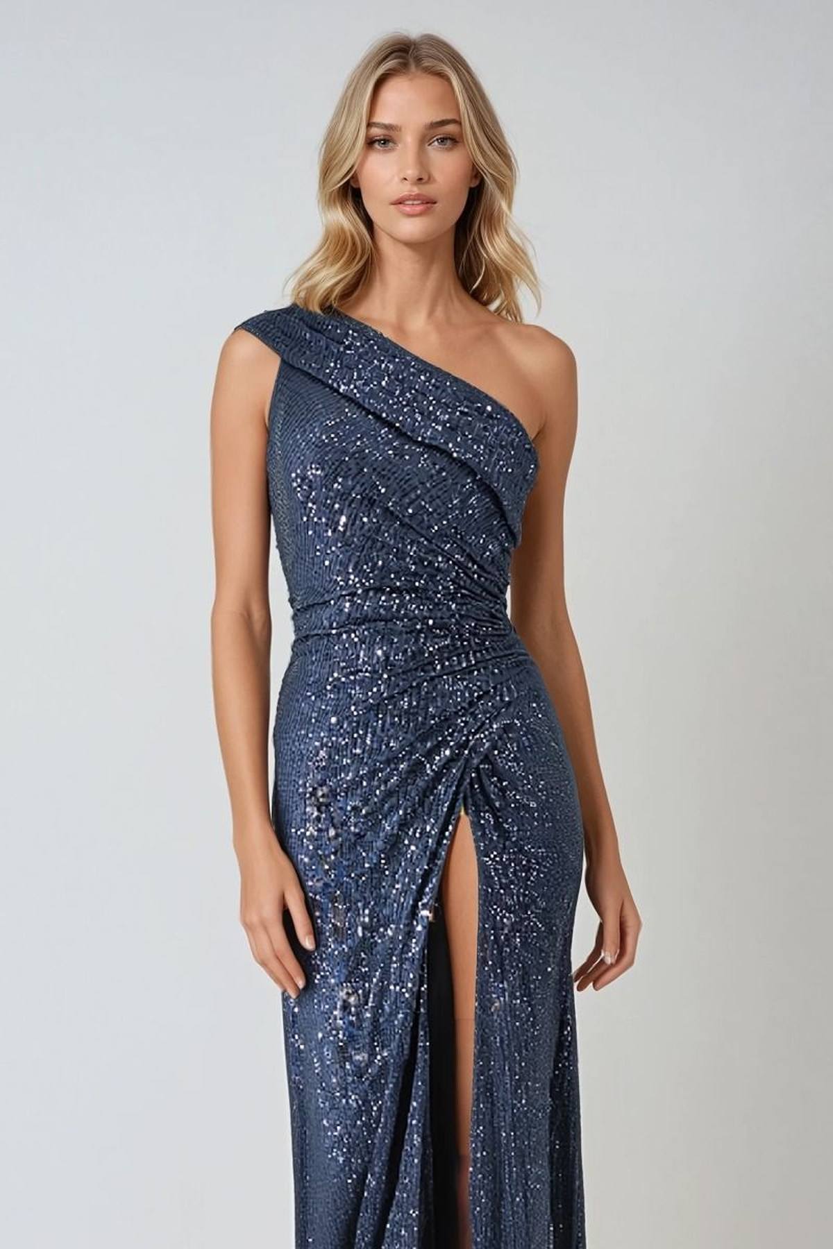 Ladivine Amoris T806 One Shoulder Evening Sequin Dress Leg Slit