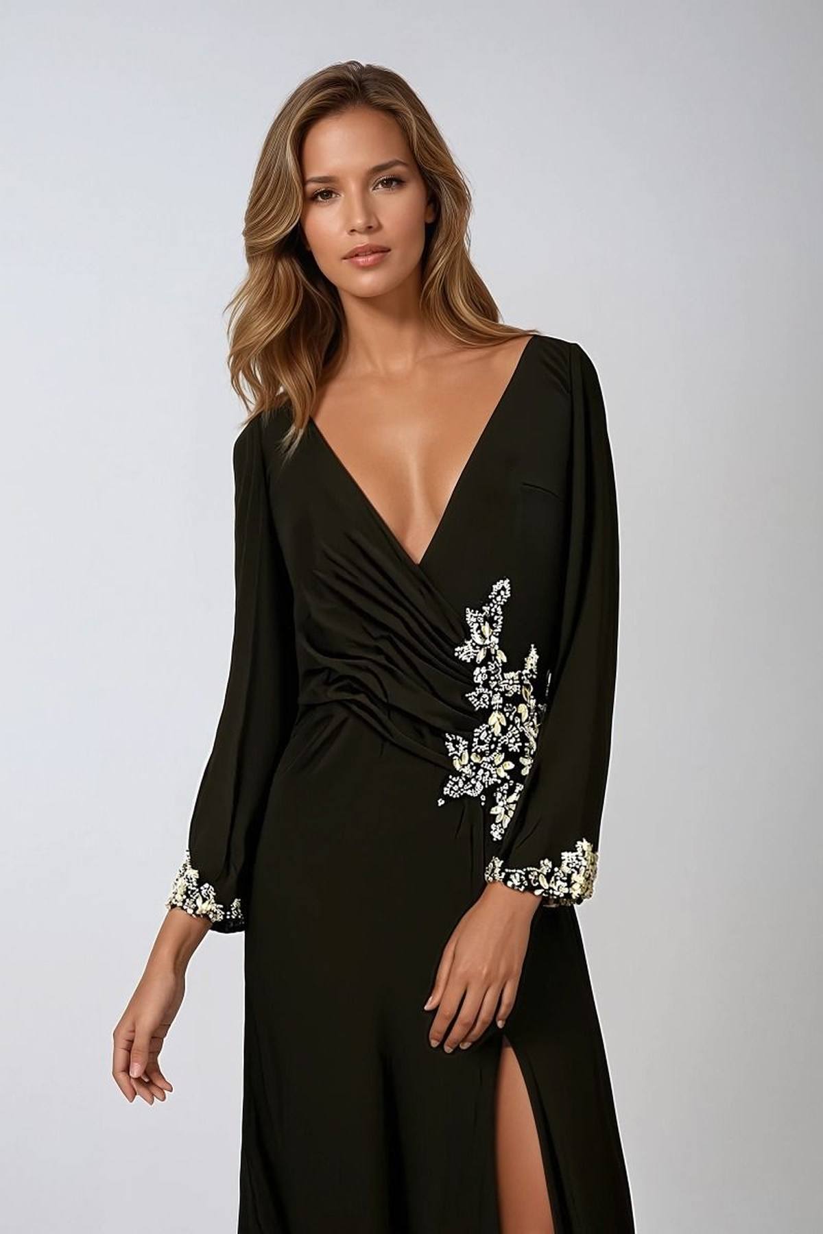 Ladivine Amoris T809 Long Sleeve V-Neckline Embellished Leg Slit Gown
