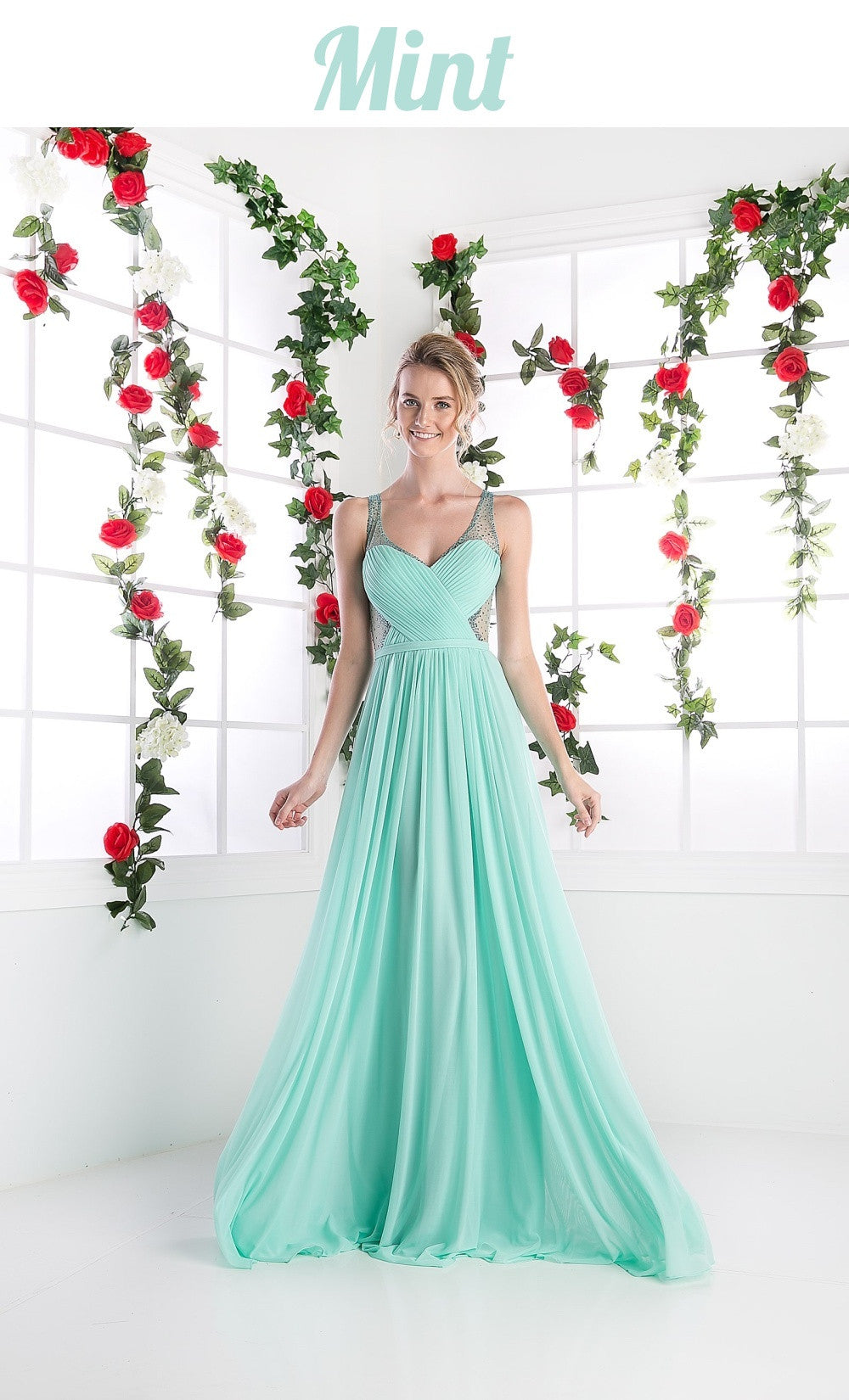 Cinderella Divine 5061 Sheer Beaded Strap Flowy Evening Dress