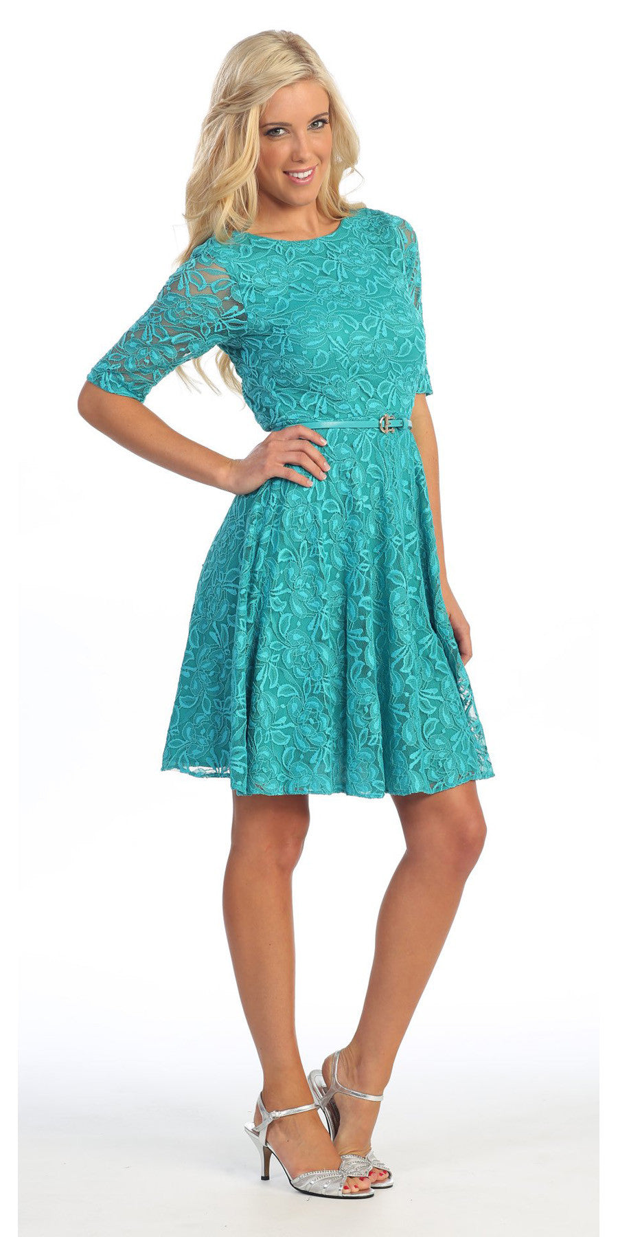CLEARANCE - Celavie 2367 Burgundy Short Lace Dress Mid Sleeves (Size S)